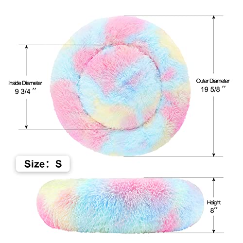 Calming Donut Dog Bed for Small to Medium Dogs & Cats - Plush Faux Fur Anti-Anxiety Pet Bed with Machine Washable Cover & Non-Slip Base - color: Rainbow, size: Small 19.6''