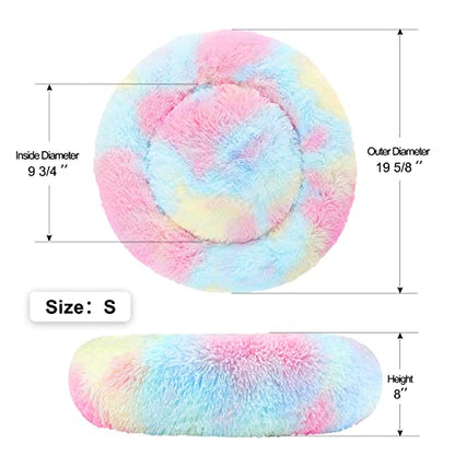 Calming Donut Dog Bed for Small to Medium Dogs & Cats - Plush Faux Fur Anti-Anxiety Pet Bed with Machine Washable Cover & Non-Slip Base - color: Rainbow, size: Small 19.6''