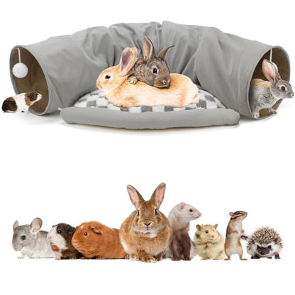 BWOGUE Bunny Tunnel Bed, 2-in-1 Collapsible Tunnel Tubes Toys with Removable Mat Hideout for Cats Kittens Rabbits Guinea Pigs Kitty (Gray) - color: Gray