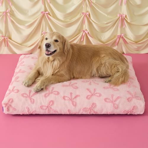 LE SURE Extra Large Dog Bed-Thick Shredded Chopped Foam Pet Bed as Gift for Indoor with Removable Cover, Cute Modern Fuzzy Plush & Anti Slip Bottom,Bow Pink - color: Bow Pink, size: 44.0"L x 32.0"W x 4.0"Th