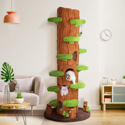 KAMABOKO 90.5" Tall Cat Tree for Indoor Cats, Large Cat Tower with Luxury Cat Condo, Cat Tree Tower with Soft Cushion, Scratching Board, Plush Platform＆ Top Perch, Green - size: 90.5''H