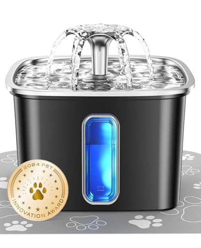 Veken Innovation Award Winner Stainless Steel Cat Water Fountain, 108oz/3.2L Automatic Pet Fountain Dog Water Dispenser with Replacement Filters & Silicone Mat for Cats, Dogs (Space Black) - color: Space Black+2 Filters+2 Sponges, size: 108oz (Higher Fill