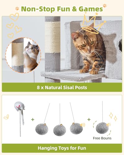 Taoqimiao Cat Tree Tower, 76-Inch Sturdy Cat Tree for Indoor Cats Large Adult Cat Tower with Scratching Posts，2 Condos, 2 Perches, 2 Large Hanging Baskets, Soft Hammock, MS046W Light Gray - color: Light Gray