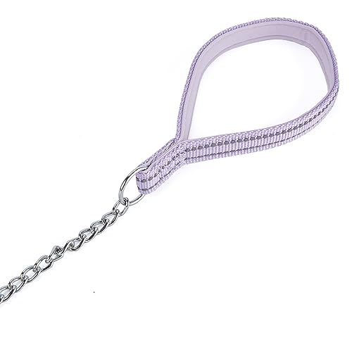 Chew Proof Metal Chain Leash,Nylon Handle with Soft Neoprene Padding and Reflective Stripe for Medium Dogs.(M, Purple Handle) - color: Reflective Purple, size: Medium