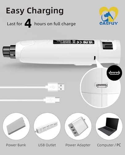Casfuy Dog Nail Grinder Quiet - (45db) 6-Speed Pet Nail Grinder with 2 LED Lights for Large Medium Small Puppy Dogs/Cats, Professional 3 Ports Rechargeable Electric Dog Nail Trimmer with Dust Cap - color: White