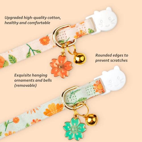2 Pack Cotton Breakaway Cat Collar Beige and Green Flowers Pendant Cute Kitten Cat Collar with Bell - color: Beige&Green