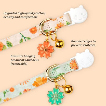 2 Pack Cotton Breakaway Cat Collar Beige and Green Flowers Pendant Cute Kitten Cat Collar with Bell - color: Beige&Green