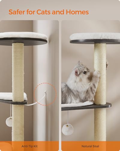 Feandrea Cat Tree, 65-Inch Modern Cat Tower for Indoor Cats, Multi-Level Cat Condo with 5 Scratching Posts, Perch, Washable Removable Cushions, Cat Furniture, Misty Gray UPCT166G03 - color: Misty Gray