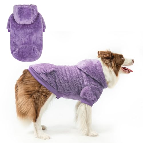 SCENEREAL Fleece Dog Sweaters Hoodie for Small Medium Large Dogs Girls Boys, Plush Fuzzy Dog Clothes Hoodies with Leash Hole, Winter/Fall Puppy Cold Weather Coat, Sherpa Hooded Sweatshirt, Purple L - color: Purple, size: Large