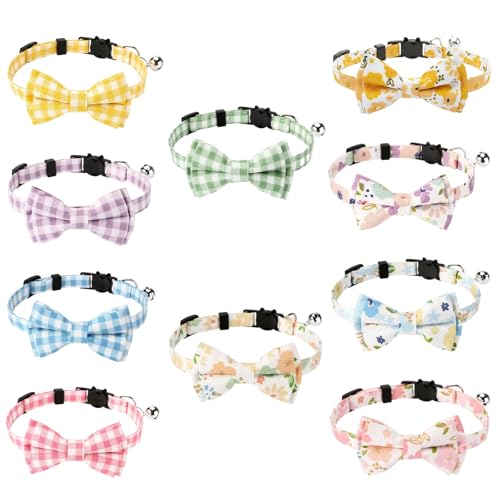 10 Pcs Spring Cat Collar Breakaway with Bow Tie and Bell Kitten Collars Removable Bowtie Plaid Flower Cat Collar for Cats Kittens Puppy (Flower) - color: Flower