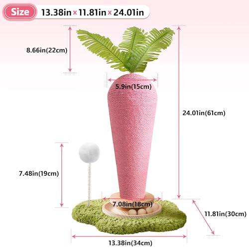 Cute Cat Scratching Post, Carrot Cat Scratcher Post with Durable Natural Wooden Turntable Toy and Catnip, 24'‘ H Carrot Shape Design Sisal Cat Tree Sisal Scratcher for Indoor Cats (Cloud Base) - color: Pink Carrot