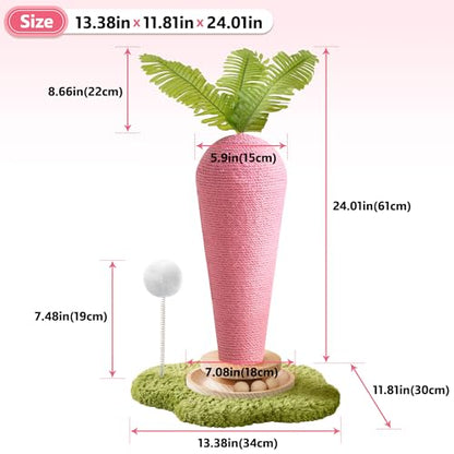 Cute Cat Scratching Post, Carrot Cat Scratcher Post with Durable Natural Wooden Turntable Toy and Catnip, 24'‘ H Carrot Shape Design Sisal Cat Tree Sisal Scratcher for Indoor Cats (Cloud Base) - color: Pink Carrot