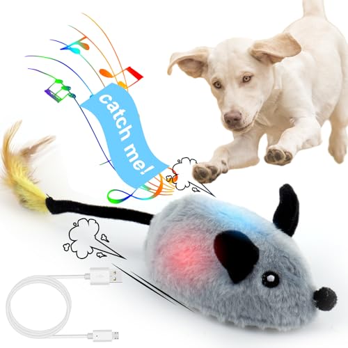 BABORUI Interactive Dog Toys Mouse, Escaping Mice Squeaky Dog Toy with Lights & Auto-Turn, Rechargeable Moving Dog Toys for Small/Medium/Large Dogs & Cats(Grey) - color: Grey