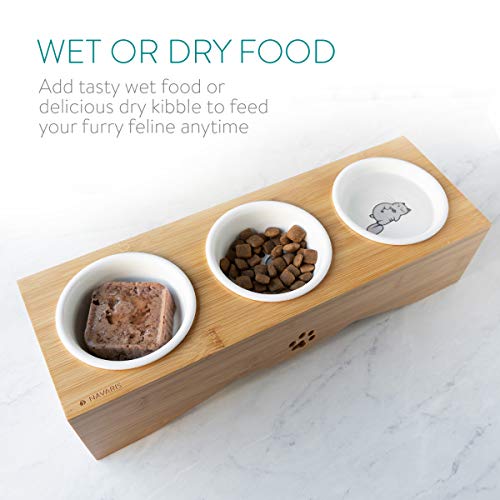 Navaris Cat Bowls with Stand - Elevated Triple Feeder for Cats - Ceramic Pet Bowl Dishes 3-Pcs Set with Printed Designs and Raised Bamboo Wood Holder