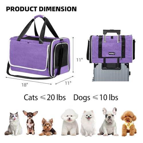 Top Open Medium Pet Carrier Roll Up Flap for Anxious Cat, Soft-Sided Small Pet Travel Crate Vet Friendly, Little Animal Yorkie Kennel Bag Suitcase Luggage Sleeve, 18x11x11 Inch Purple - color: Purple