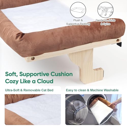 Cat Window Perch with Bolster, Large Hammock Bed for Indoor Cats, Solid Wood & Metal Frame Mounted Perch, Cozy Sunbathing Lounge Bed, 25” Wide (Brown Bed) - color: Brown