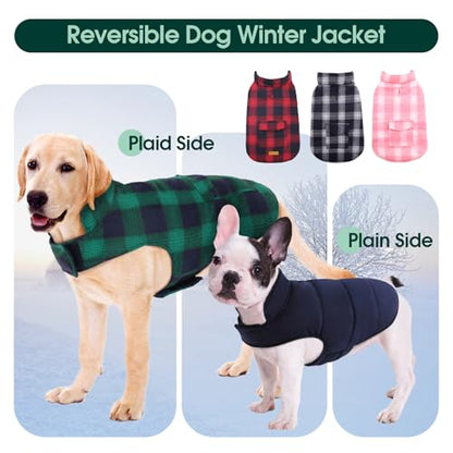 Kuoser Reversible Dog Jacket, Warm Winter Coat for Large Dogs, Warm Windproof Pet Cold Weather Clothes, Green XXL - color: Green Plaid, size: Xxl (Chest Girth: 29.5-35.4")