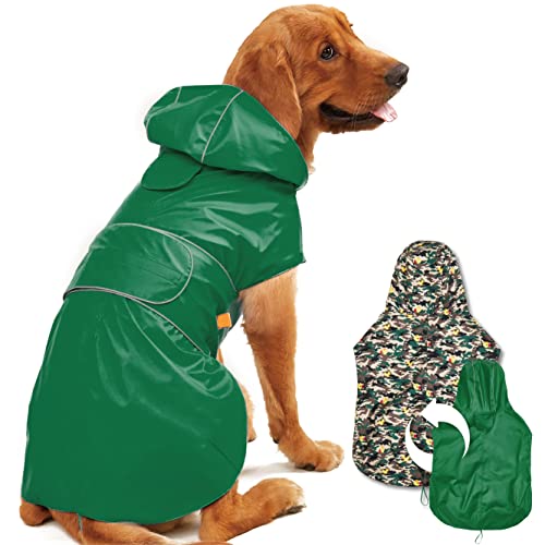 Kimee Dog Raincoat Reversible, Single Side Slicker Poncho Adjustable Waterproof Dog Rain Jacket with Leash Hole/Reflective Stripe Hooded Snowproof Windproof Clothes for Small to 3X-Large Dogs, 2XL - color: Green, size: 2x-large