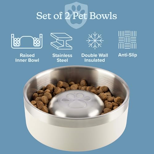 Set of 2 Stainless Steel Slow Feeder Dog Bowls - 30oz/3.75 Cups Double Wall Insulated Food and Water Bowls for Dogs - Non Slip Metal Pet Dishes for Small-Medium Sized Pets PETMAKER (Cream) - size: 30oz