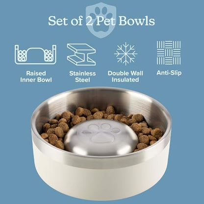 Set of 2 Stainless Steel Slow Feeder Dog Bowls - 30oz/3.75 Cups Double Wall Insulated Food and Water Bowls for Dogs - Non Slip Metal Pet Dishes for Small-Medium Sized Pets PETMAKER (Cream) - size: 30oz