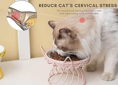 2PCS Ceramic Shallow Cat Food Dishes with Non-Slip Mat, Elevated Cat Food Bowl with Raised Metal Stand, Small Dog Bowl, Whisker Fatigue Pet Food Plate, Dishwasher Safe - color: Pink+Blue