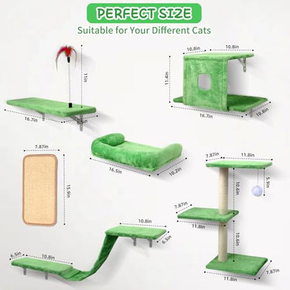 Cat Wall Shelves, 6 in 1 Cat Wall Furniture Set with Condos House, Bed, Bridge, Tree, Steps, Scratching Board, DIY Walls Playground for Indoor (Green) - color: Green