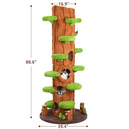 KAMABOKO 90.5" Tall Cat Tree for Indoor Cats, Large Cat Tower with Luxury Cat Condo, Cat Tree Tower with Soft Cushion, Scratching Board, Plush Platform＆ Top Perch, Green - size: 90.5''H