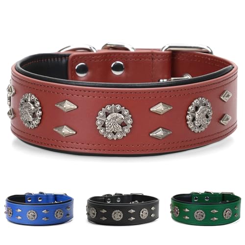 Premium Leather Dog Collar for Medium Dogs - 1.6-Inch Wide Adjustable Soft Handmade Eagle Hardware Ornamental Collar for Large Breeds, Durable & Comfortable - Brown - color: Brown, size: Width 1.6",Neck Size 16.5"-20.5"