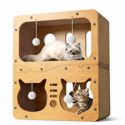 2-Tier Cat Scratcher House with Cardboard Scratch Pads, Indoor Cat Condo Playhouse with Hanging Toys, Cat Hideout & Scratching Furniture for Kittens and Cats