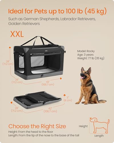 Feandrea Collapsible Dog Crate, Portable Oxford Fabric Pet Travel Crate with 4 Mesh Doors, Handles, Pocket, 42 Inches, for Large Dogs, Ink Black and Dove Gray UPDC031BH01 - size: XXL (42"L x 28"W x 28"H)