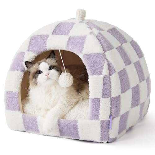 Lesure Cute Cat Beds for Indoor Cats - 2 in 1 Large Cat Cave Bed with Removable Washable Cushioned Pillow, Cozy Kitten with Non-Slip Bottom, Purple, 17.3 inches - color: Lavender Checks, size: 17.3"L x 17.3"W x 17.3"Th