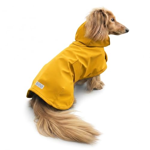 Dachshund Raincoat - Waterproof & Windproof Dog Jacket for Long Weiner Dogs, Adjustable Fit, Harness Hole - Yellow, Small - size: Small