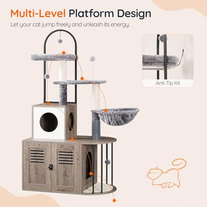 HOOBRO Cat Tree with Litter Box Enclosure, Arched All-in-One 31.5" Cat Tower with Hidden Litter Box Furniture for Indoor Cats, Versatile Cat Condo with Sisal Posts, Hammock, Greige and Gray BG45MZ03 - color: Greige and Gray