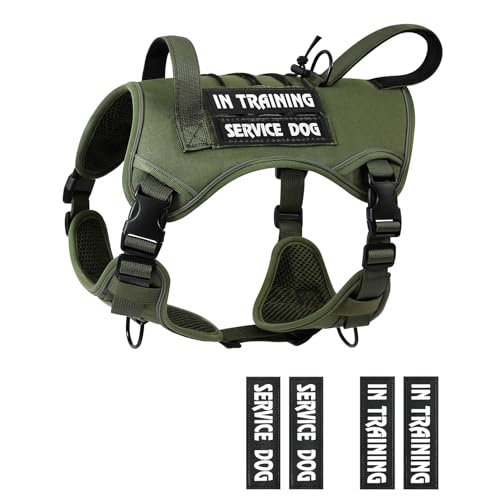 Tactical Dog Harness for Medium Large Size, No Pull Service Dog Vest with Molle System and Control Handle Heavy Duty Pet Vest with 4 Patches, Reflective Adjustable Harness for Walking Training - color: ArmyGreen, size: M