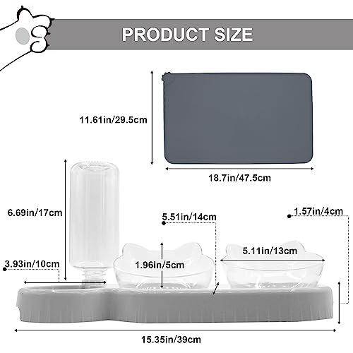 Triple Cat Bowls with Water Dispenser, Pet Whisker Friendly Water and Food Bowl Set with Non-Slip Mat, 15° Tilted Double Feeding Bowls, Elevated Wet and Dry Food Dish for Kitten&Small Dog (Grey) - color: Grey