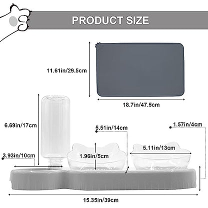 Triple Cat Bowls with Water Dispenser, Pet Whisker Friendly Water and Food Bowl Set with Non-Slip Mat, 15° Tilted Double Feeding Bowls, Elevated Wet and Dry Food Dish for Kitten&Small Dog (Grey) - color: Grey