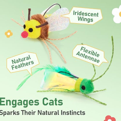 Cat Bug Toy Wand - Cat Teaser Wand Toy with 4 Pcs Cute Insect Feather cat Toy Replacements, Interactive Cat Toys Bug for Indoor Cats Kittens - color: Bugs