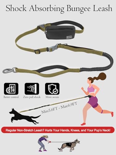 Hands Free Dog Leash with Zipper Pouch & Waist Belt – Reflective Durable Bungee Leash with Dual Padded Handles for Walking, Jogging & Running, Fits Small to Large Dogs (Yellow) - color: Yellow