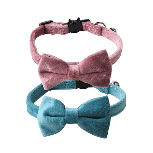 Love Dream Cat Collar Breakaway with Bow Tie and Bells - 2 Pack Velvet Girl Boy Kitty Safety Kitten Collars with Removable Bowtie for Cats Kittens, Blue & Pink - color: Blue & Pink