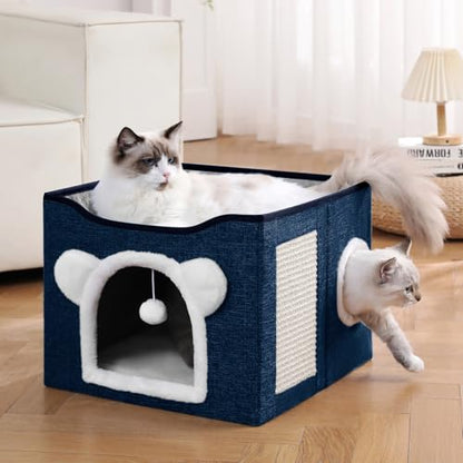 Cat House for Indoor Cats, Large Cat Bed Cave with Scratch Pad and Fluffy Ball, Foldable Cat Hideaway Condo, Kitten Bed, 16x16x13inch (Blue, Large) - color: Blue
