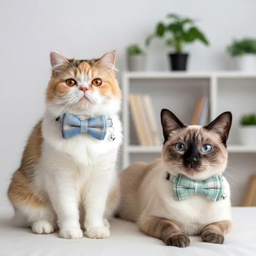 3pcs Bow Tie Cat Collar with Bells, Breakaway Bowtie Plaid Cat Collar, Soft Adjustable Bow Cats Collars for Kitten Puppy and Small Pets - color: green