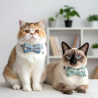 3pcs Bow Tie Cat Collar with Bells, Breakaway Bowtie Plaid Cat Collar, Soft Adjustable Bow Cats Collars for Kitten Puppy and Small Pets - color: green