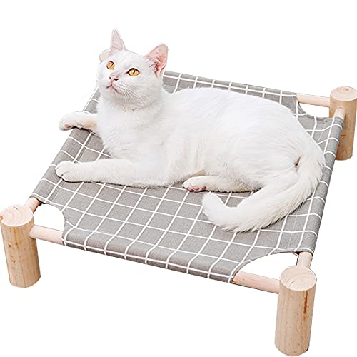 Elevated Cat Bed for Small Dogs & Cats – Raised Pet Hammock Bed, Wooden Frame Indoor Outdoor Dog Cot, Breathable Mesh Puppy Bed, Portable Cat Lounger – Grey Grid - color: Grey Grid