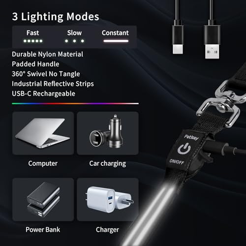 Night Walking LED Dog Leash - 6FT Reflective & Waterproof Light Up Safety Leashes for Dogs - USB Rechargeable, White - color: White(Fiber optic version)