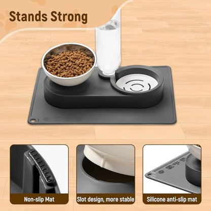 2-in-1 Dog Bowl, Elevated Cat Food and Water Bowl with No-Spill Mat, 15° Tilt Stainless Steel Dish + 500ml Leak-Proof Bottle, Easy Clean Design (Dry/Wet Food & Water)