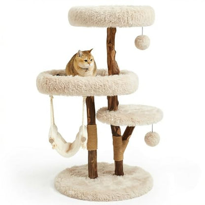 Letkind Modern Cat Tree Tower for Large Indoor Cats, Perches-Natural Solid Wood Cat Tower with Sisal Scratching Post, Perches, Hammock & PlayBalls, Aesthetic Boho Cat Furniture - size: 46" Wood Cat tree