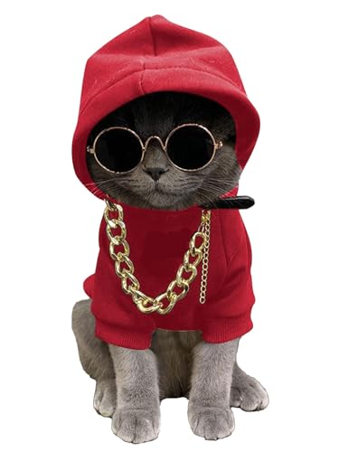 QWINEE 3Pcs Dog Hoodie Cat Apparel Dog Custume Set with Necklace and Sunglasses Pet Clothes for Puppy Small Medium Dogs Cats Red L - color: Red, size: Large