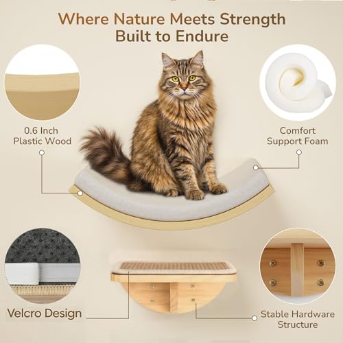 Cat Window Perches, Curved Cat Wall Beige Bed and 2 Floating Wall Steps, Wall Mounted Climbing Shelves for Sleeping, Playing, and Lounging - color: Foam/Felt-Wood, size: 1 Curved Bed 2 Steps