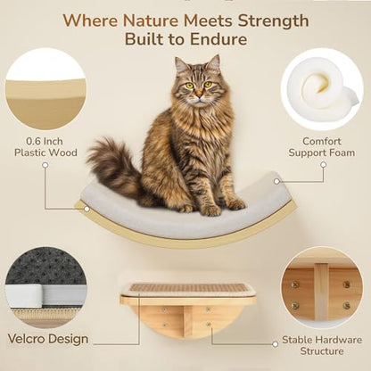 Cat Wall Shelves and Cats Window Perch – Natural Wood 4-Piece Set with Foam-Padded Curved Bed and Felt Steps, Space-Saving Wall Mounted Design - color: Foam/Felt-Wood, size: 1 Curved Bed 1 Shelf 2 Steps