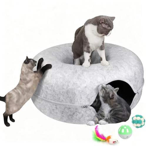 Cat Donut Tunnel Bed for Indoor Cats - Peekaboo Cat Cave, Detachable Felt, Washable, Interactive Play & Cozy Rest Space for Multiple Cats (Light Gray) - color: Light Gray